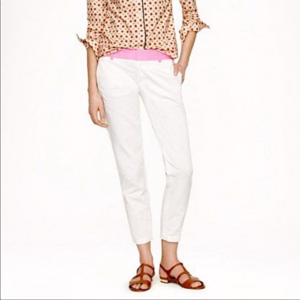 J. Crew white cropped chinos with contrasting pink waist band